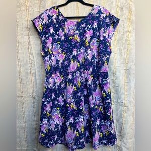 Short Sleeve Dress Indigo Blue w/ Purple Floral Pattern - XL